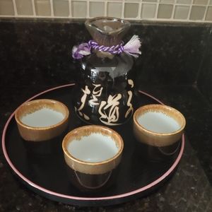 Sake Set Japanese Ceramic Saki Bottle & Cups 4 pc